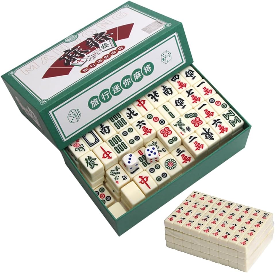Foreverup Mini Mahjong Set, 144 Tiles Mahjong Set Portable, Mahjong Travel Set, Chinese Traditional Mahjong Set with Carrying Travel Case and 2 Dice for Leisure Travel Party Family Games