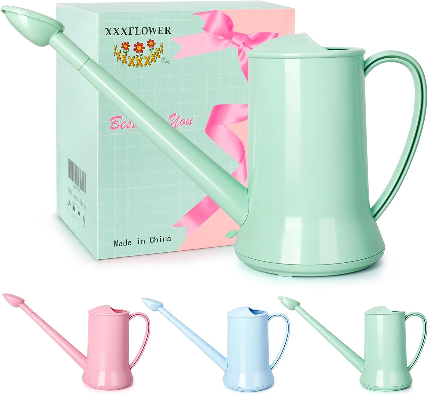 XXXFLOWER 1/2 Gallon Small Indoor Plant Watering Can, 2L Long Spout Removable Nozzle Flower Watering Pot for Office House Indoor Garden（Green, 67 oz）