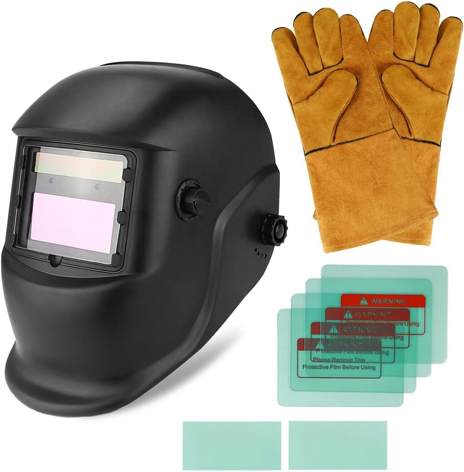 Welding Helmet Auto Darkening Solar Powered Welder Helmet with 6 Replacement Lens + Welding Gloves, Adjustable Shade 4/9-13 for TIG MIG ARC Weld Grinding, Welding Mask Hood Helmet