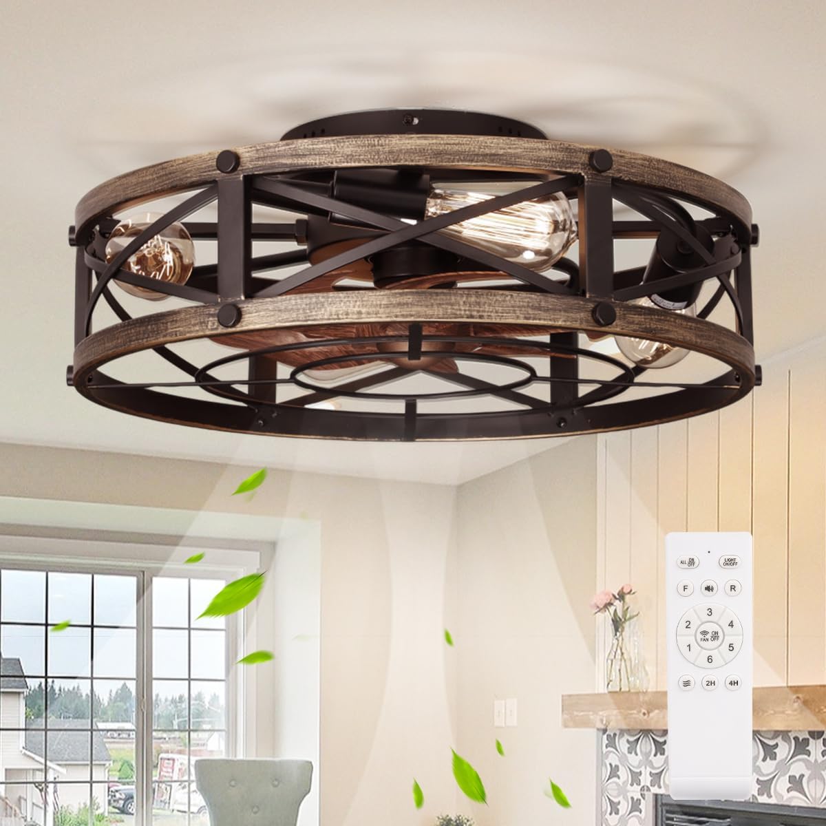 19" Farmhouse Flush Mount Caged Ceiling Fans with Lights, 6 Speeds, Rustic Low Profile Ceiling Fan with Light and Remote, Small Bladeless Ceiling Fans with Lights for Kitchen, Bedroom - ETL
