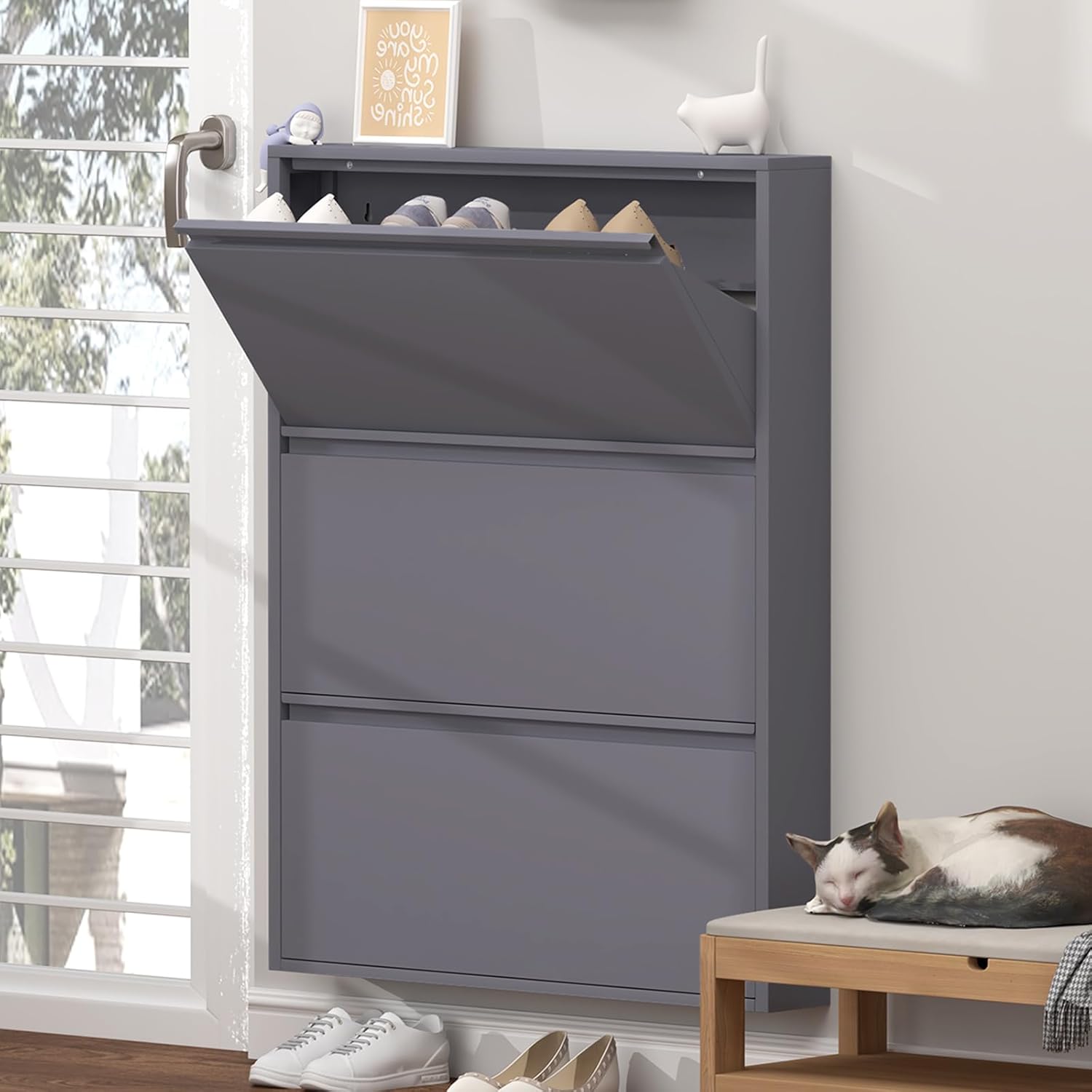 GREATMEET Shoe Storage Cabinet with 3 Flip Drawers, Wall Mount Metal Shoe Organizer for Entryway, Narrow Hidden Shoe Rack for Entryway Slim (Grey, 3 Flip Drawers)