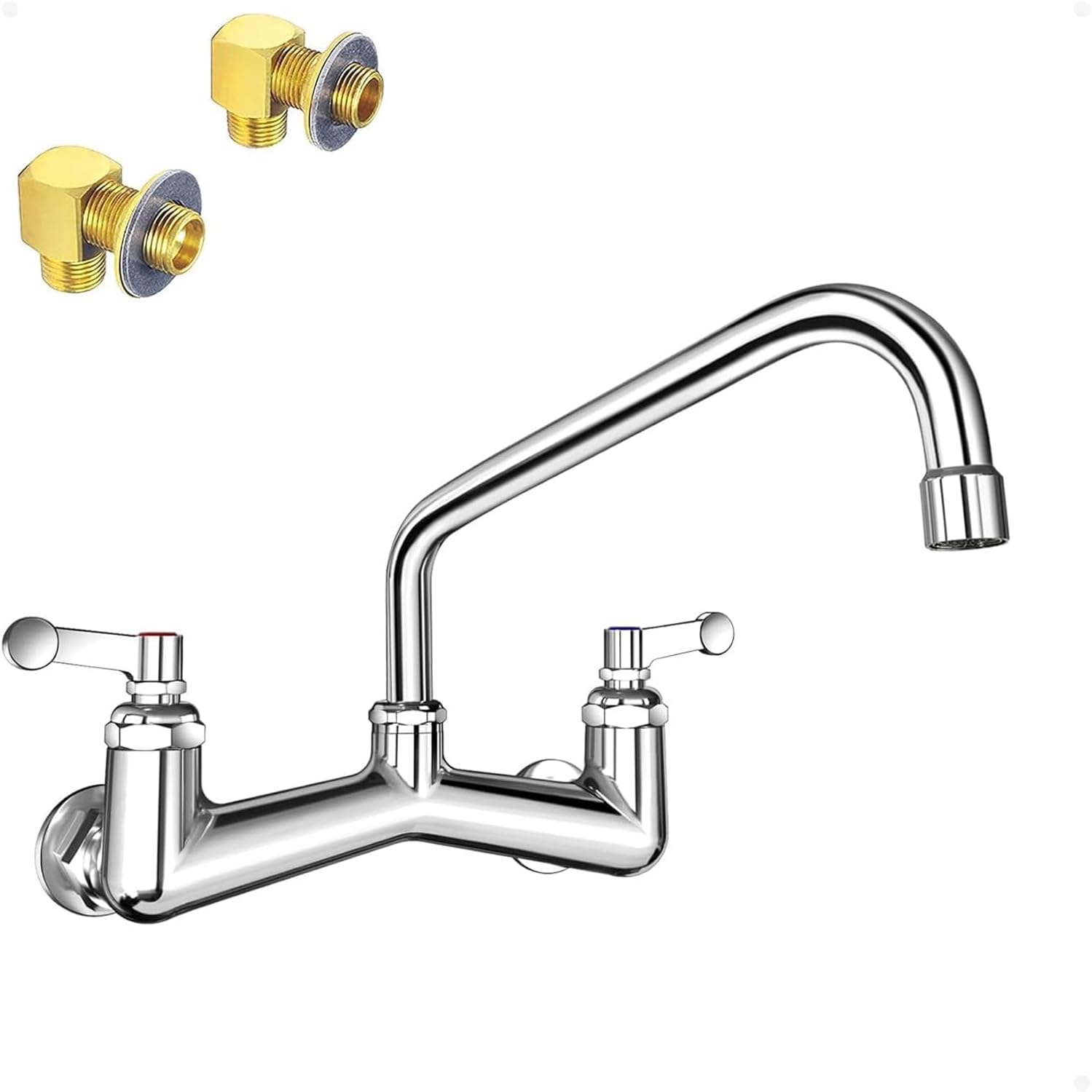 Wall Mount Sink Faucet for Kitchen: JZBRAIN 8 inch Center Commercial Faucet with 10 inch Swing Spout for Restaurant 3 Compartment Sinks - Heavy Duty Brass Construction Polished Chrome