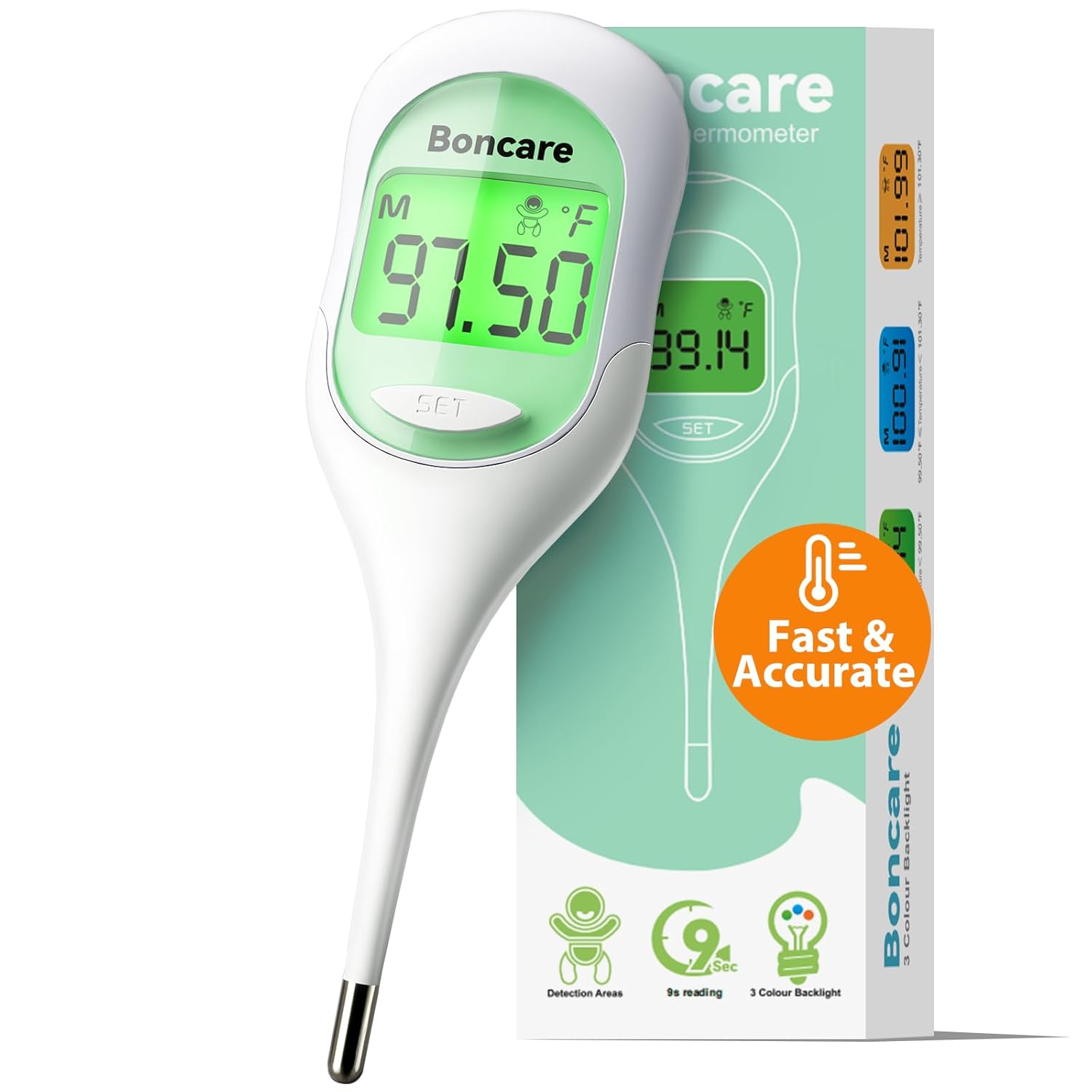 Boncare 9 Seconds Digital Basal Thermometer - Accurate Oral & Rectal Thermometer for Adults & Kids, Fever Alarm, Large Display (Light Green)