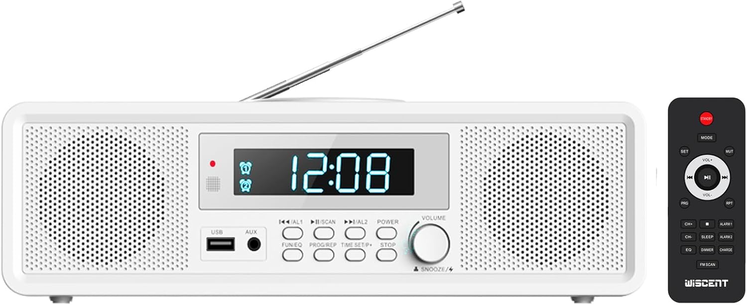 Compact Micro Home CD Stereo System, CD Player with Bluetooth, FM Radio, Aux-in, USB-MP3 Playback, Digital Clock, CD Players for Home (White)