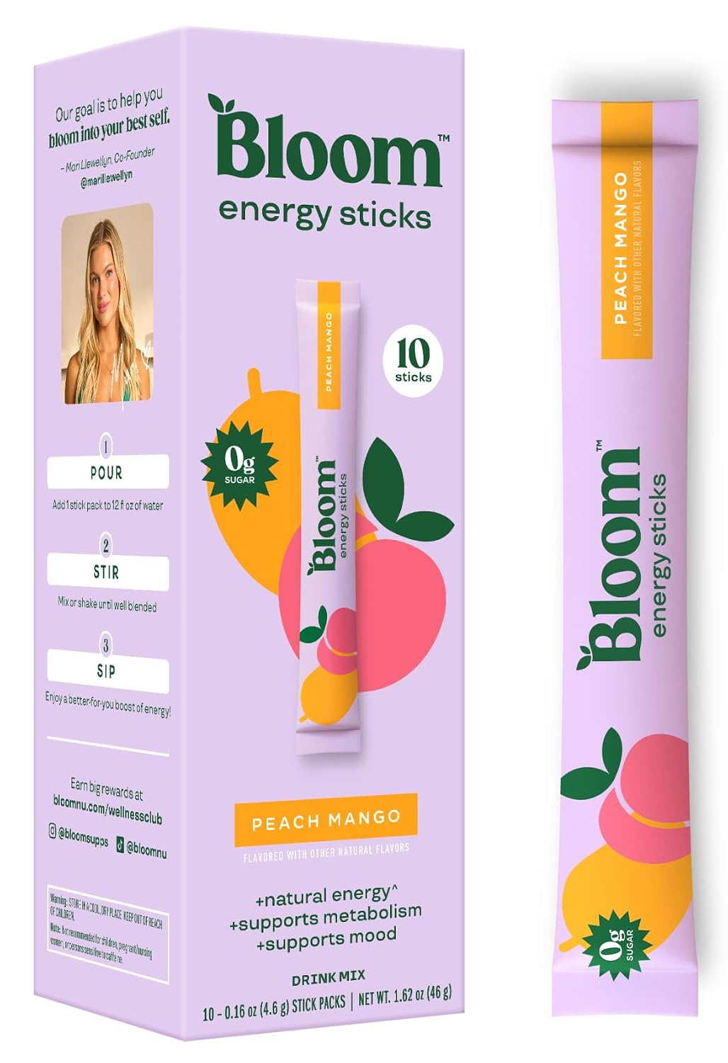 Bloom Nutrition Energy Drink Powder Packets, Peach Mango, 10 Count | Sugar Free Drink Mix with L-Theanine, B Vitamins & Natural Caffeine, On the Go Powder Sticks for Natural Energy, 10 Calories
