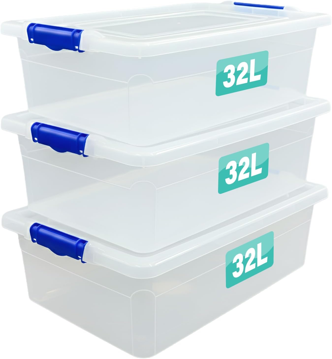 3 x Storage Boxes With Clip Lock Lids Litre Heavy Duty Clear Stackable Lockable Multipurpose Plastic Storage Box Indoor Outdoor Containers Home,Office,Kitchen,Garage (3 x 32 Litre Underbed)