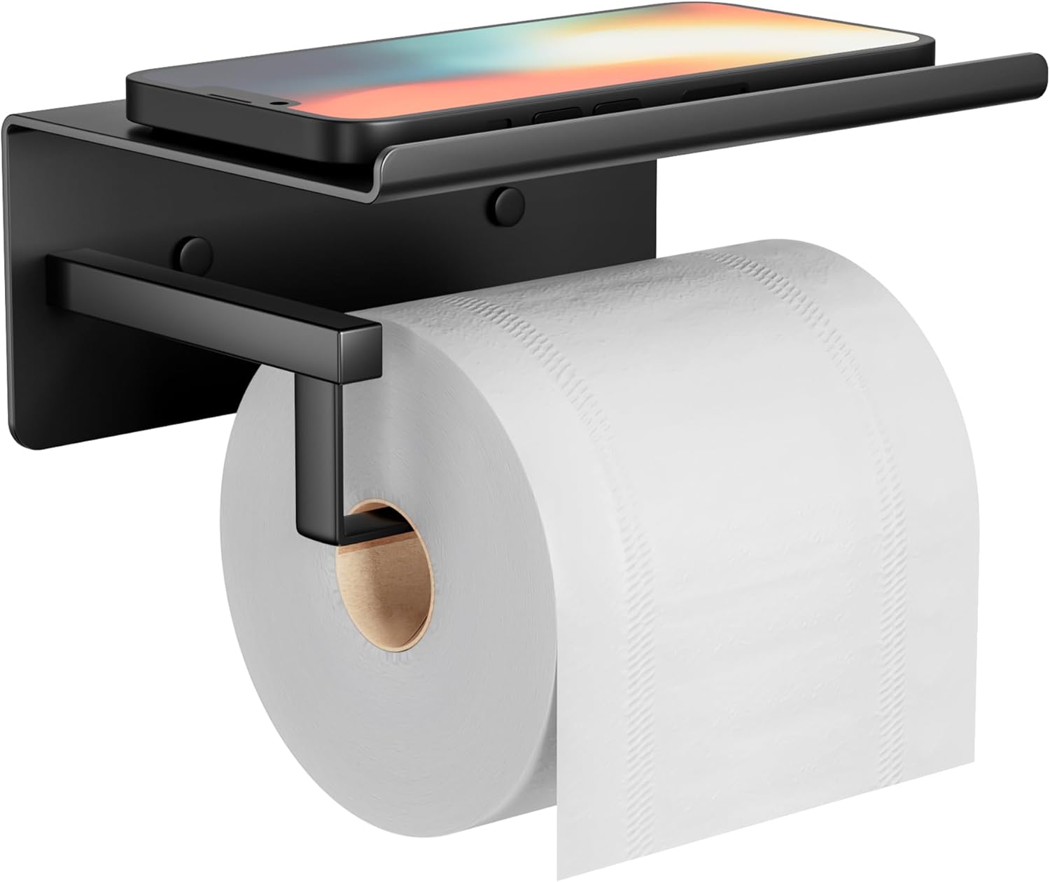 Toilet Roll Holder with Shelf, Black Stainless Steel, Self Adhesive or Screw Mount, All Installation Tools Included, Rustproof Toilet Paper Holder for Bathroom, Fits All Roll Sizes