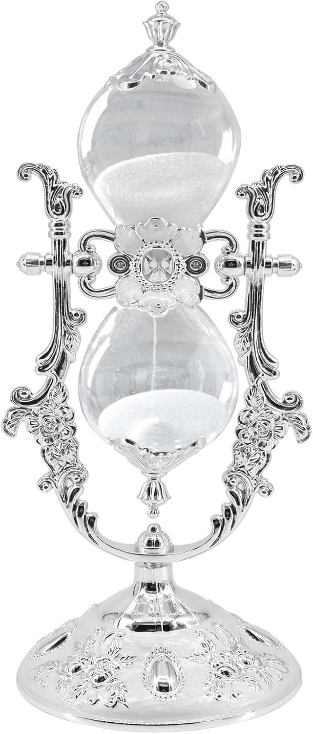 Hourglass Sand Timer Decorative,11.8inch Tall,360° Rotating Metal White Sand Watch 30 Min,Antique Hour Glass Decor for Office Desk- Crafts,Ornaments(Silver)