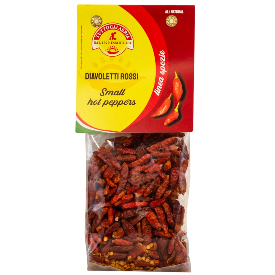 TUTTOCALABRIA Calabrian Diavoletti Rossi, Small Dried Spicy Hot Chili Peppers, 50g, All Natural, Non-GMO, Product of Italy