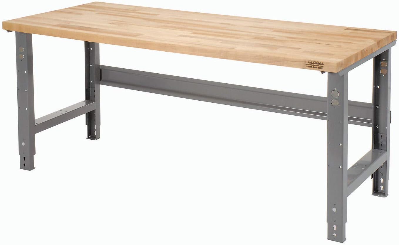 Global Industrial Adjustable Height Workbench, 60" W x 30" D, 1-3/4" Thick Maple Butcher Block with Square Edge, 2000 Lbs Capacity, Gray, Industrial Workbench