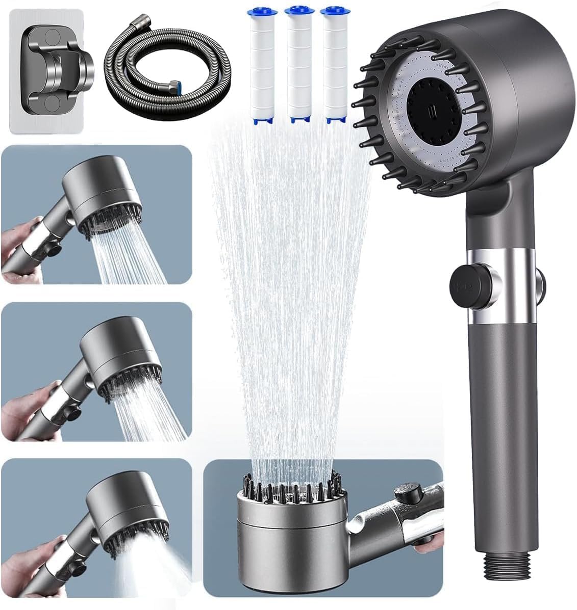 Shower Head with High Pressure (Clean Tub & Pet), Multi-Mode Shower Heads with 1.5M Hose and Holder, Filtered Showerhead Remove Chlorine, Massage Shower Heads with ON/Off Switch (Grey)