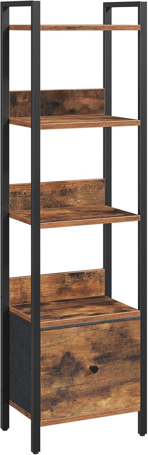 MAHANCRIS Bookshelf, 5-Tier Bookcase with Removable Drawer, Freestanding Book Shelf for Small Space, Storage Shelf Organizer, for Living Room, Bedroom, Study, Kitchen, Rustic Brown ABKHR55101