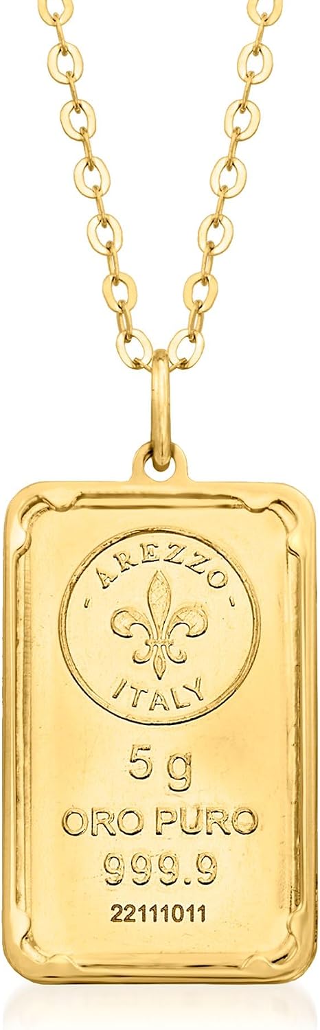 Ross-Simons Italian 24kt Yellow Gold Fleur-De-Lis 5-Gram Ingot Pendant Necklace With 14kt Gold Frame