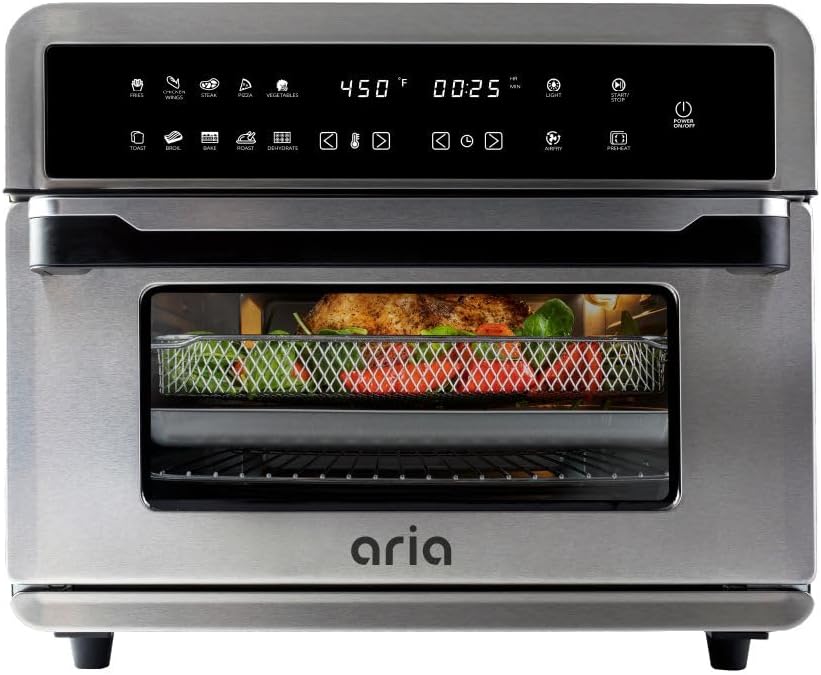 Aria 30 Quarter Air Fryer, Stainless Steel Air Fryer with Basket, Grill Grill, Crumb & Drip Tray, Large Countertop Convection Oven Easy