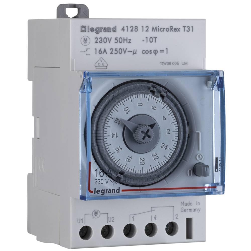 Legrand 412812 MicroRex T31 Mechanical Clock Timer with 24-Hour Programme (Series Mounting Timer for Top Hat Rail, 3-Module)
