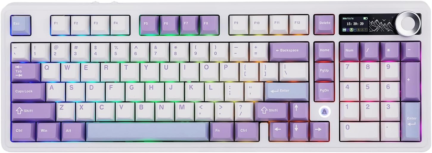 MechLands AK980 98% Mechanical Keyboard, BT5.0/USB-C/2.4GHz Wireless Gaming Keyboard, Hot Swappable Creamy Custom Keyboard with 1.14" TFT Screen, Knob, RGB for Win/Mac (White, Gift V2 Switch)