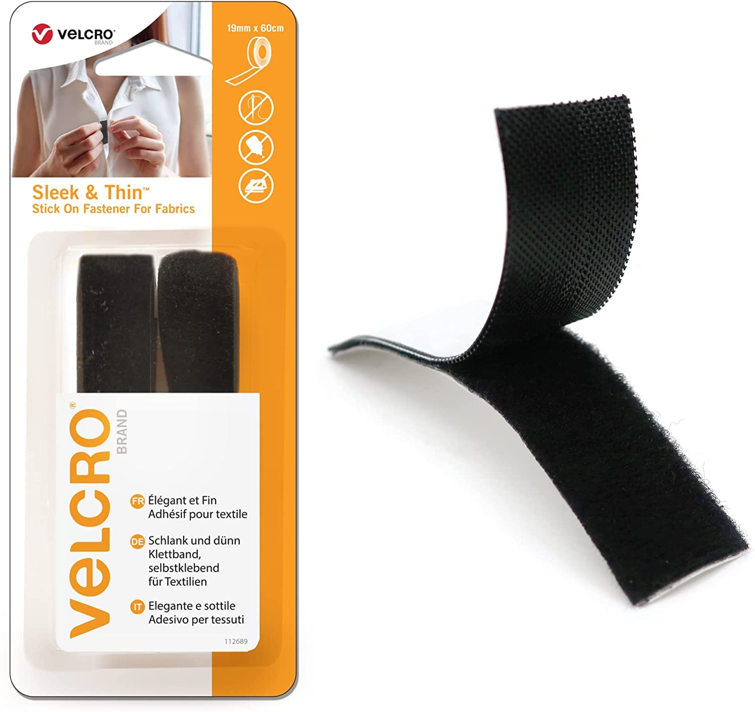 VELCRO Brand, Sleek & Thin Stick On Fabric Tape, Black 19mm x 60cm