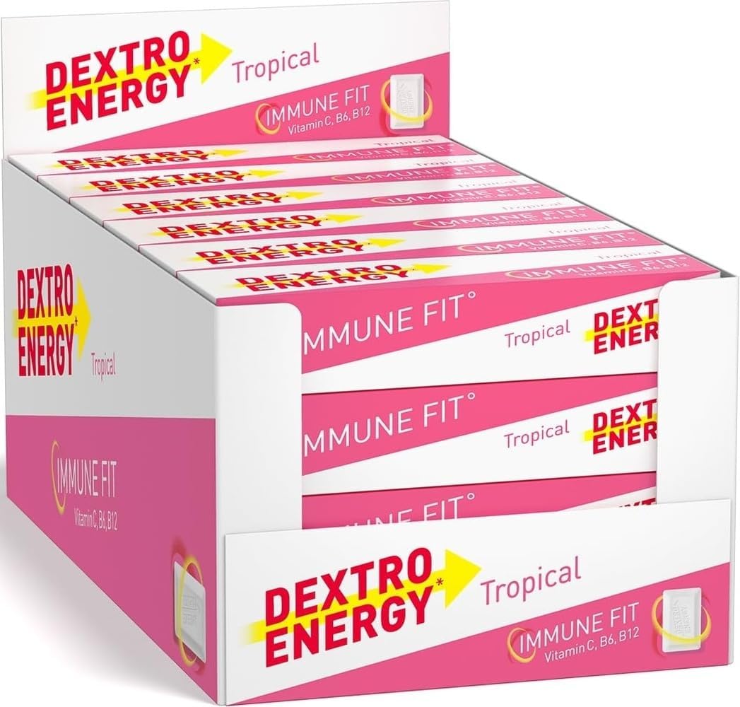Dextro Energy Tropical Glucose Tablets 14 Count (Pack of 24) | Fast Acting Carbohydrates for a Quick Burst of Glucose, with Vitamin C, B6, B12 and folic Acid, 14 Count Pack of 24