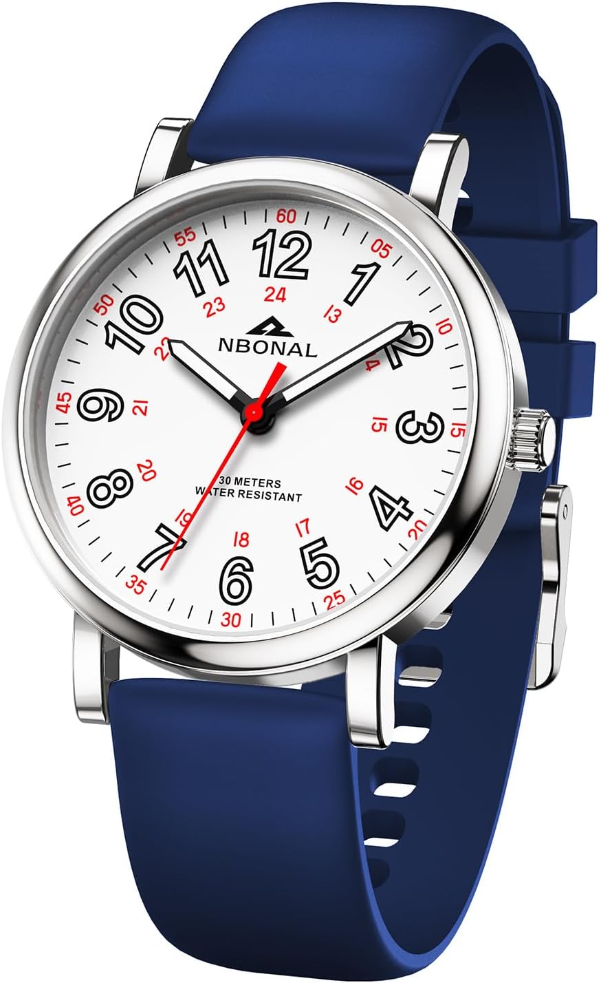 NBONAL Nurse Watch for Medical Doctor Professionals Student Easy Read Dial with Luminous 24 Hours Red Second Soft Silicone Band 30M Waterproof