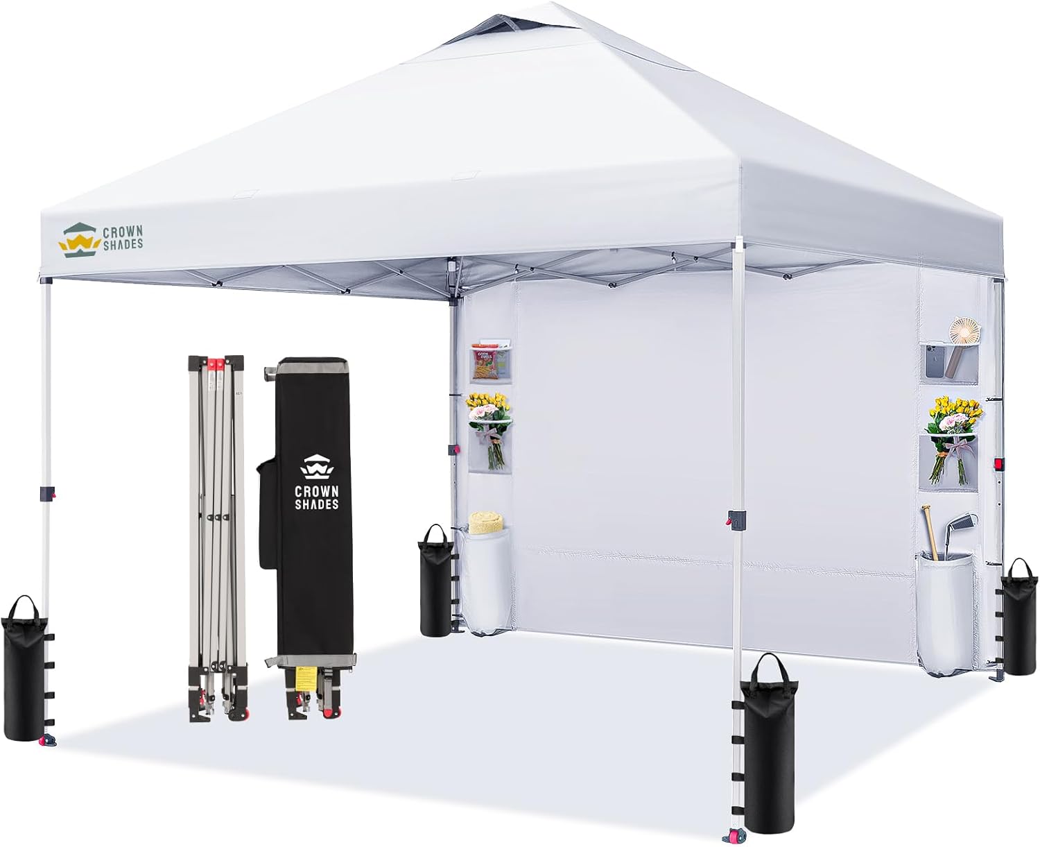 CROWN SHADES Canopy Tent 10x10 Pop Up Canopy Outdoor Shade with Pockets Sidewall, Easy Up Sun Shelter with One Person Set Up Center Lock, Portable Instant Camping Beach Canopy Tents, White
