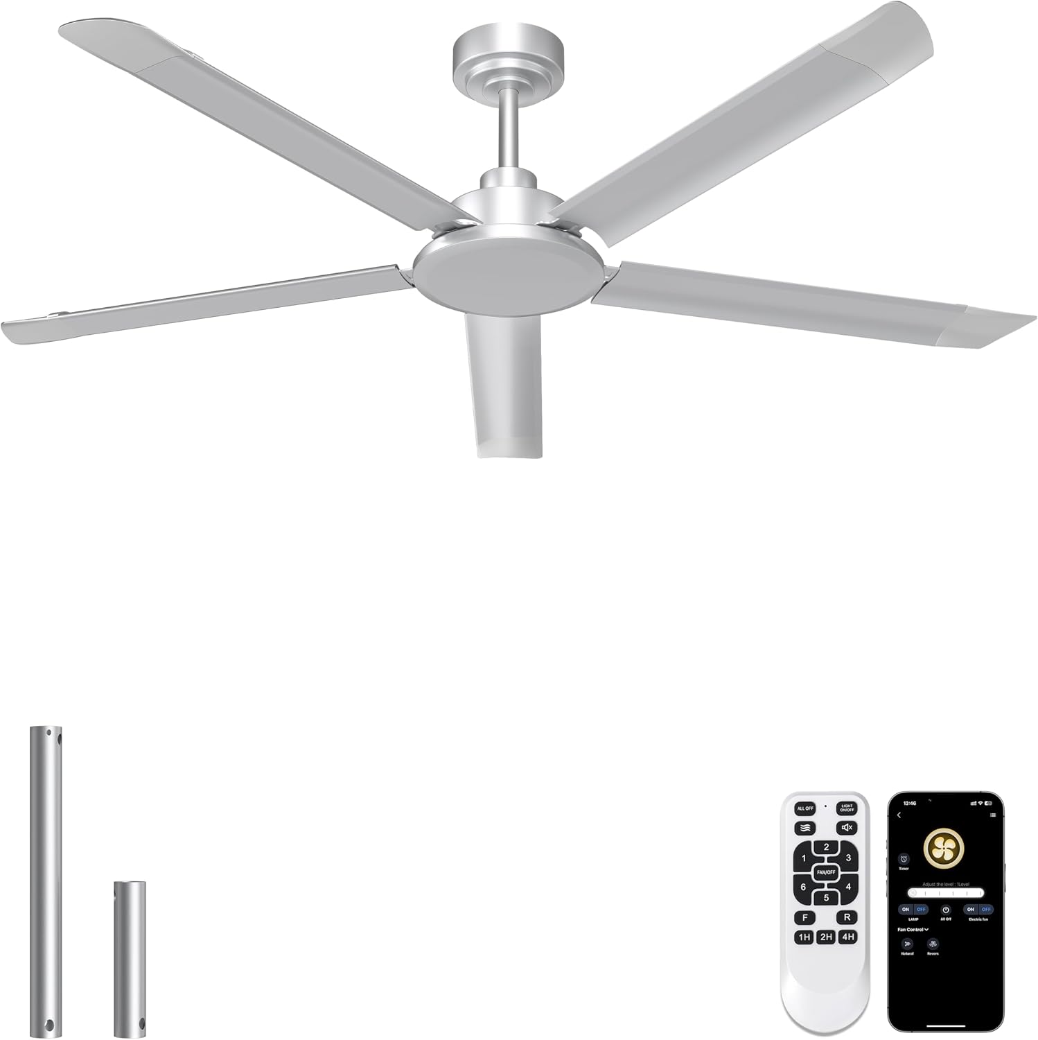 Ohniyou 60'' Industrial Ceiling Fan No Light for Patio, Garage, Silver