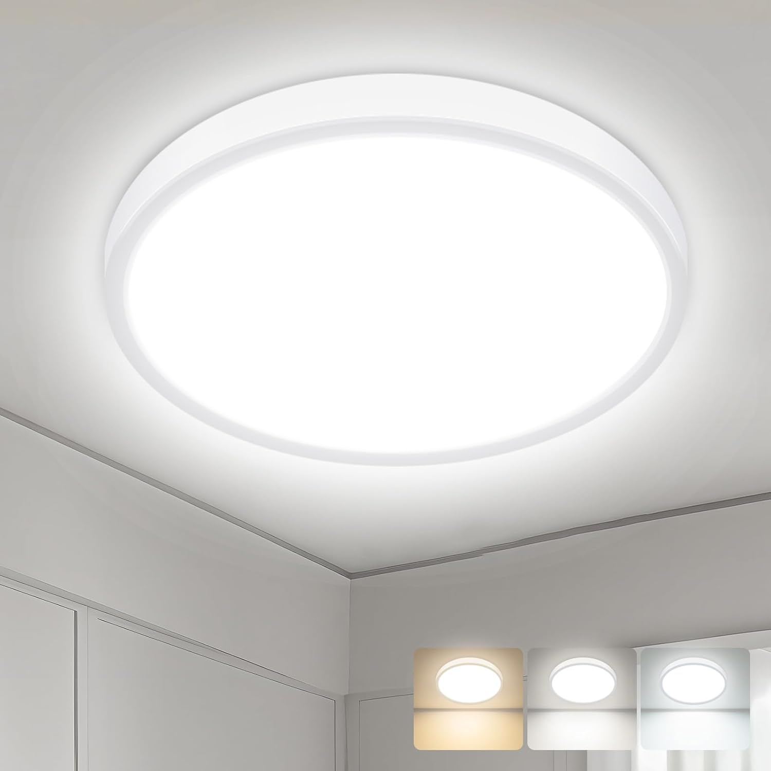 hepside LED Ceiling Light,3000K/4000K/6500K 3 Color Temperature,Waterproof LED Ceiling Lamp, Modern,Round Flush Ceiling Light for Bathroom, Living Room,Bedroom, Kitchen, Hallway (White)