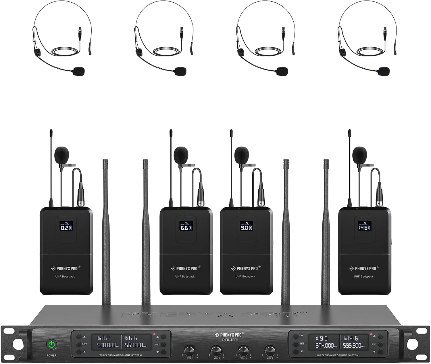 Phenyx Pro 4-Ch UHF Auto Scan Wireless Microphone System PTU-7000-4B