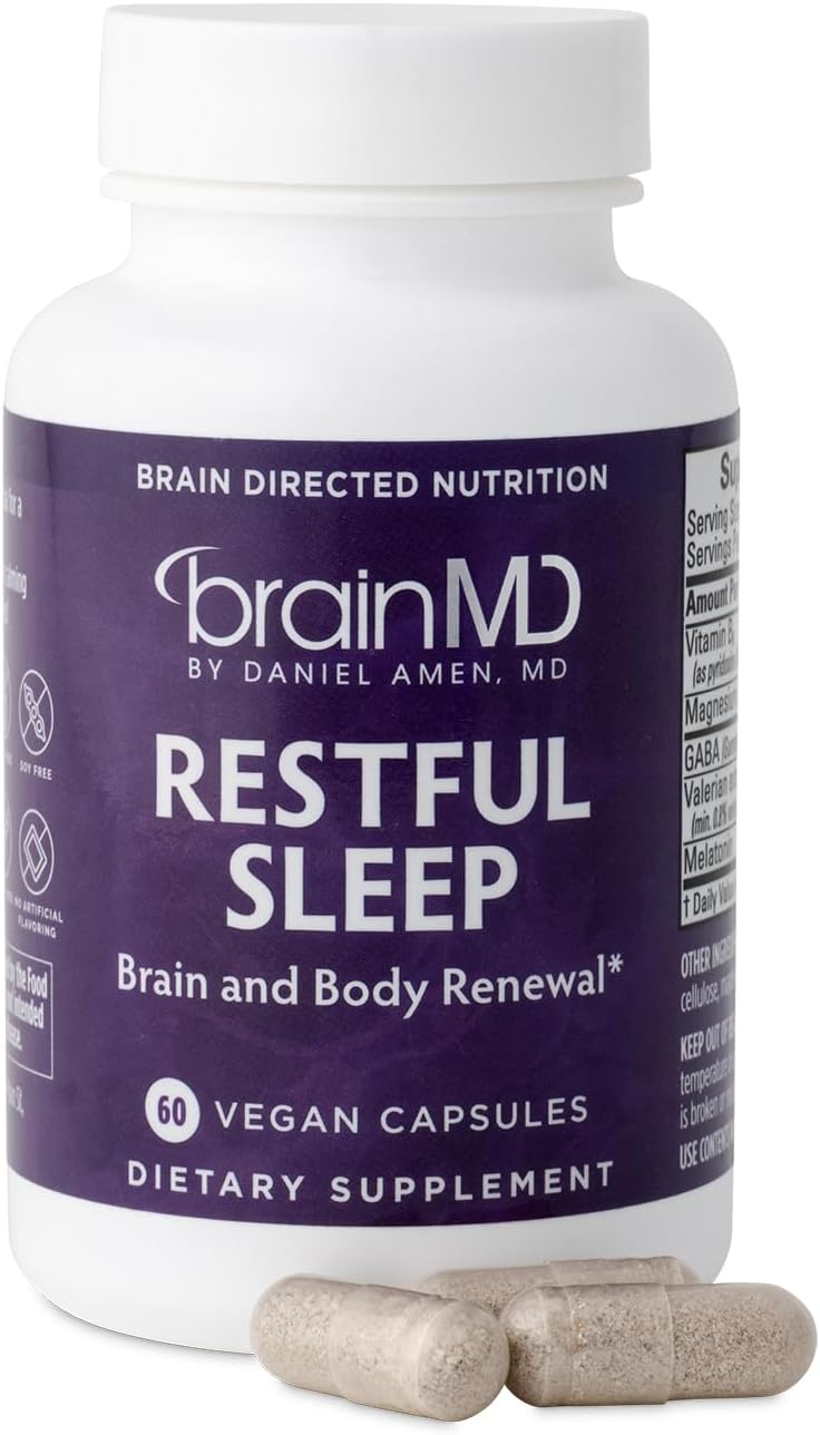 BrainMD Dr. Amen Restful Sleep - 60 Capsules - Promotes Relaxation & Calm, Contains Melatonin, Valerian, GABA & Magnesium, Non-Habit Forming - Gluten-Free - 15 Servings