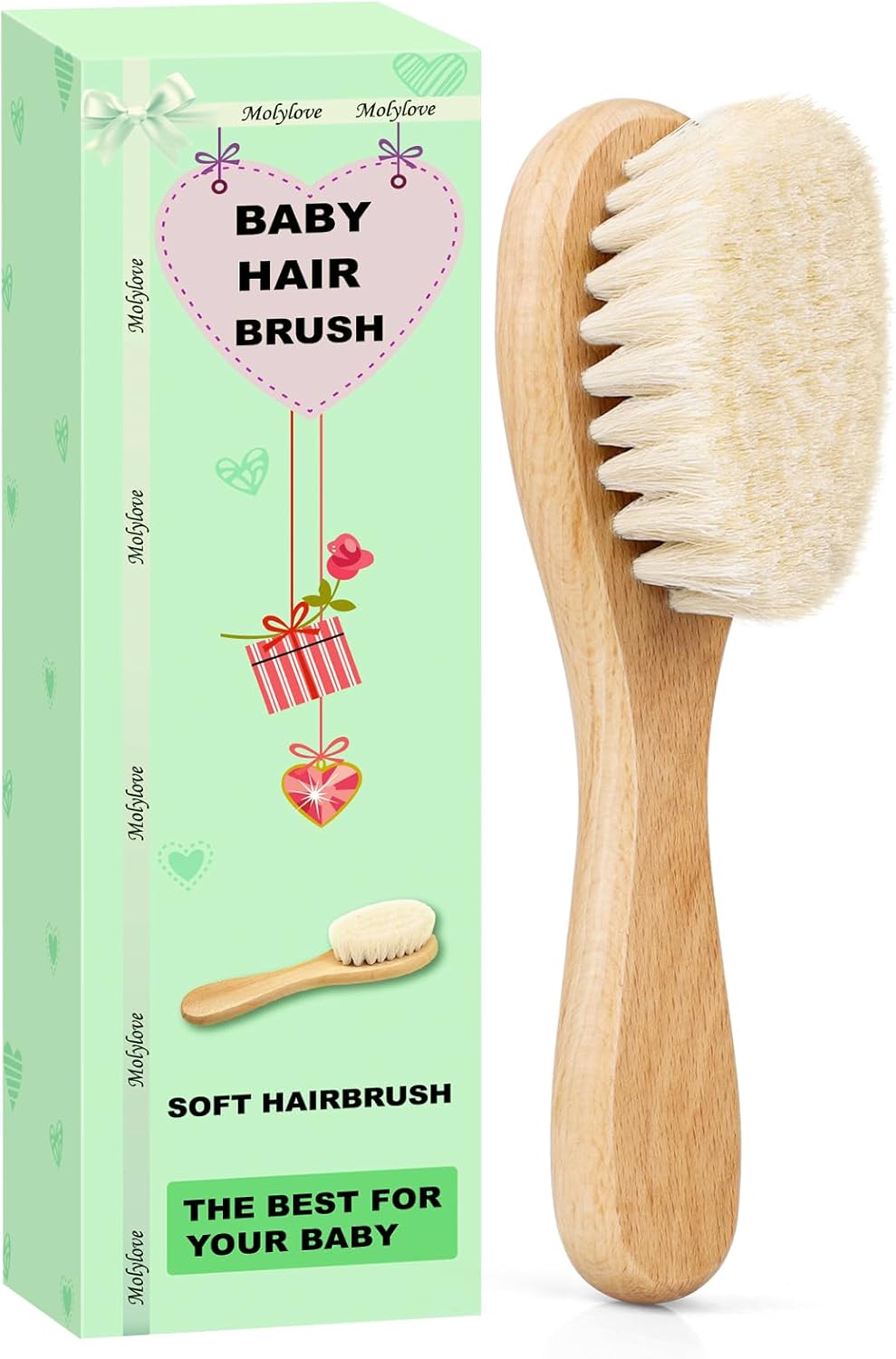 Molylove Baby Hair Brush with Wooden Handle and Super Soft Goat Bristles for Newborns, Infant, Toddlers, Kids