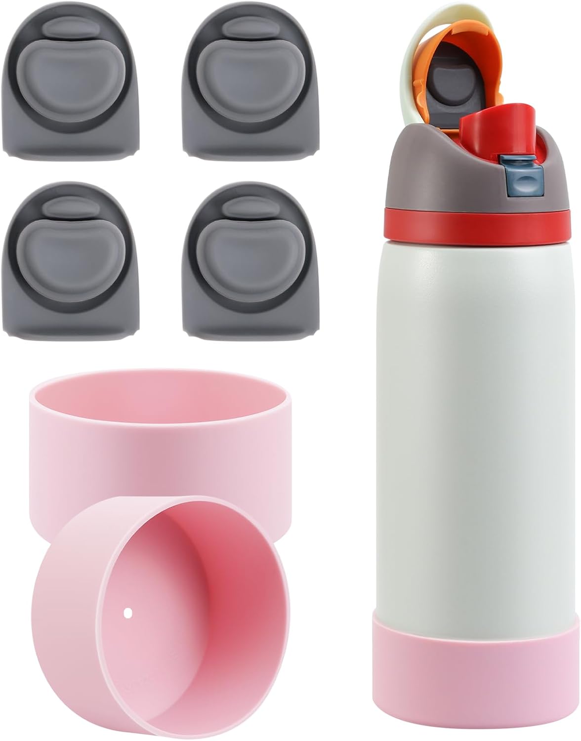 ZOSIX 4pcs Replacement Stopper & 2pcs Silicone Water Bottle Boot for Owala FreeSip 32oz, Bottle Cap Mouth Stopper Part Silicone Plug Accessories with Bottom Cover Bumper for Owala 32 Oz, Pink