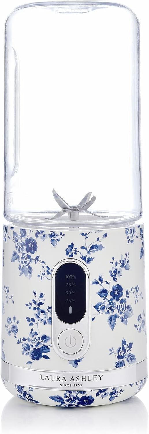 Laura Ashley China Rose Portable Smoothie Blender by VQ. Compact, Powerful & Easy to use USB Rechargeable Mini Blender with 450 mL Bottle. Portable Blender Smoothie Maker for Kitchen/Gym/Travel/Office