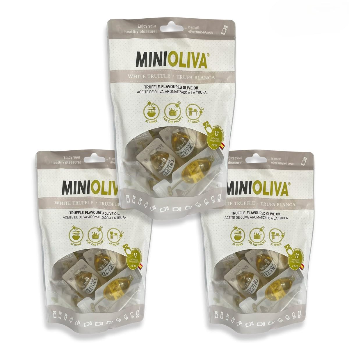 Mini Oliva – Truffle Olive Oil Single Serve – 3 Pouches of 12 Pods (36 Total, 0.27 fl oz Each) – Spanish Extra Virgin Olive Oil