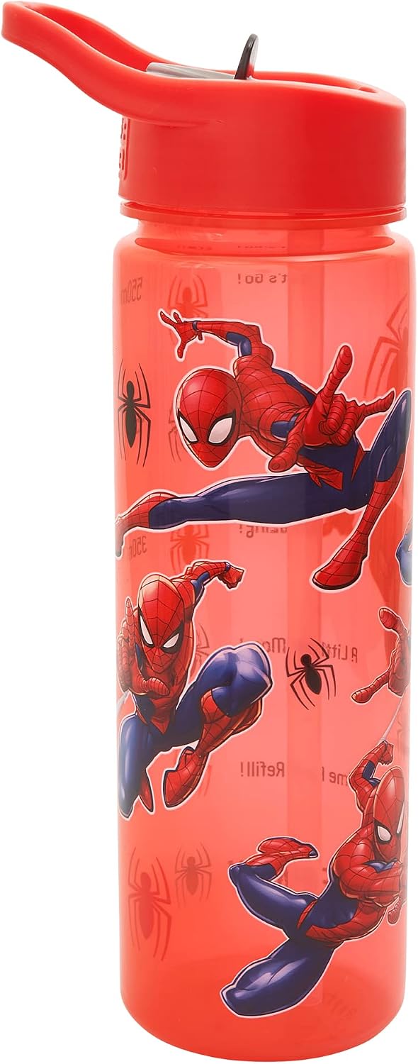 Marvel Spider-man Water Tracker Bottle Flip Up Straw 600ml – Official Merchandise by Polar Gear – Reusable Non Spill - BPA Free - Recyclable Plastic - Ideal For School Nursery Sports Picnic,Red/Blue