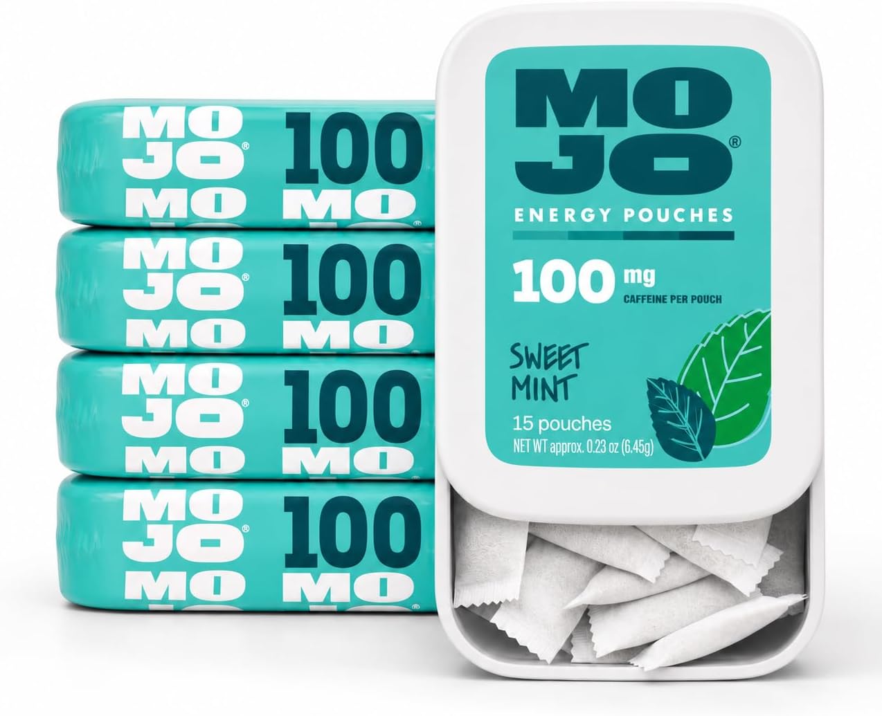 MOJO Caffeine Pouches with Naturally Derived Caffeine from Green Tea, Ginseng, Yerba Mate, L-Theanine & B-Vitamins | Nicotine-Free | Zero Sugar | 100mg Caffeine | Sweet Mint