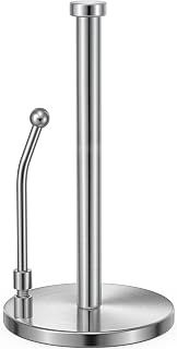 SMARTAKE Paper Towel Holder, Paper Towel Dispenser Standing Weighted Base Non Slip, Spring Arm for Easy Tear, Stainless Steel Paper Towel Holder for Home Kitchen Countertop Tabletop, Silver