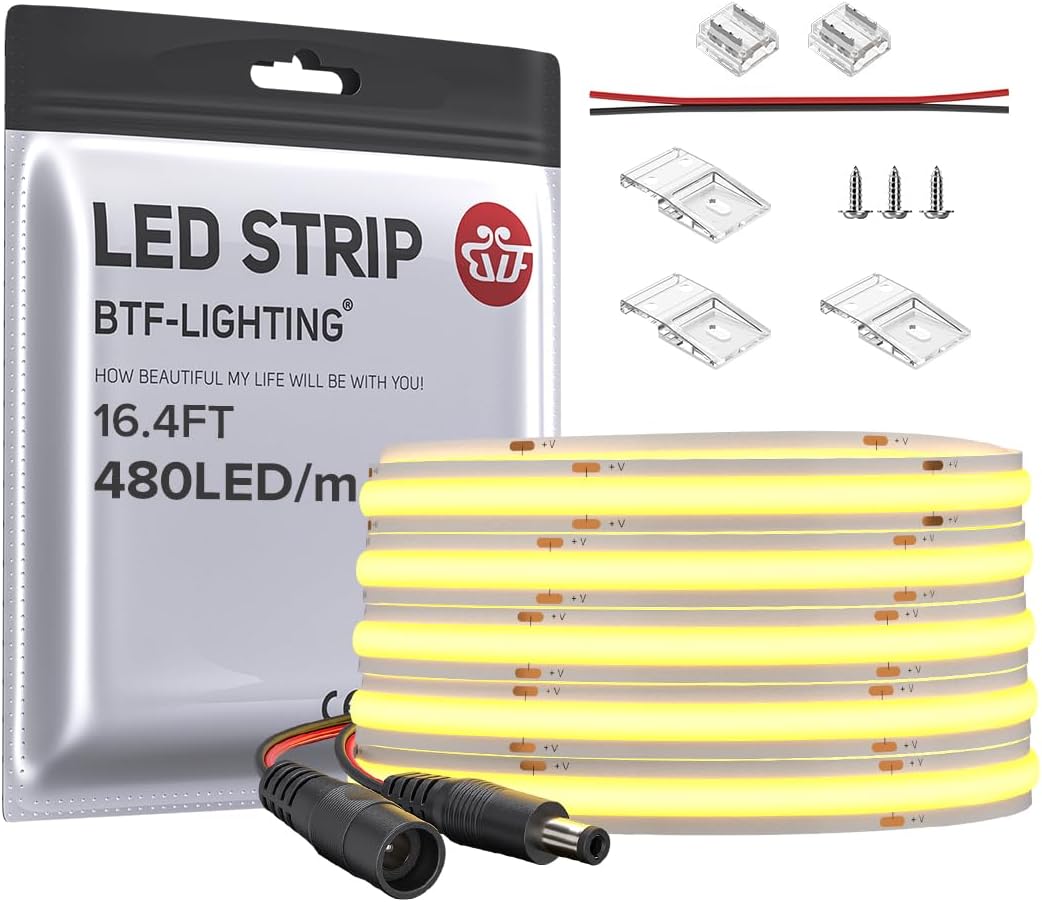 BTF-LIGHTING FCOB COB LED Strip Flexible High Density Uniform Light 9W/m 16.4FT DC12V Warm White 3000K CRI 90+ 8mm Width Dimmable LED Ribbon for Indoor Decoration(No Adapter or Controller)