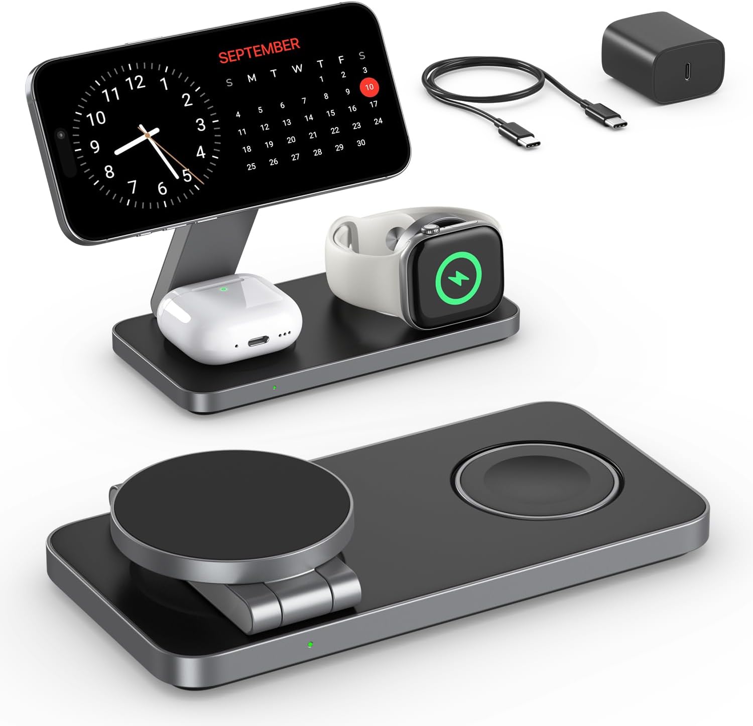 Keepro 3 in 1 Wireless Charging Station for iPhone Magnetic Portable, Fast Wireless Charger Stand for iPhone 16/15/14/13/12, AirPods Pro 3 2 Apple Watch (Adapter Included)-Black