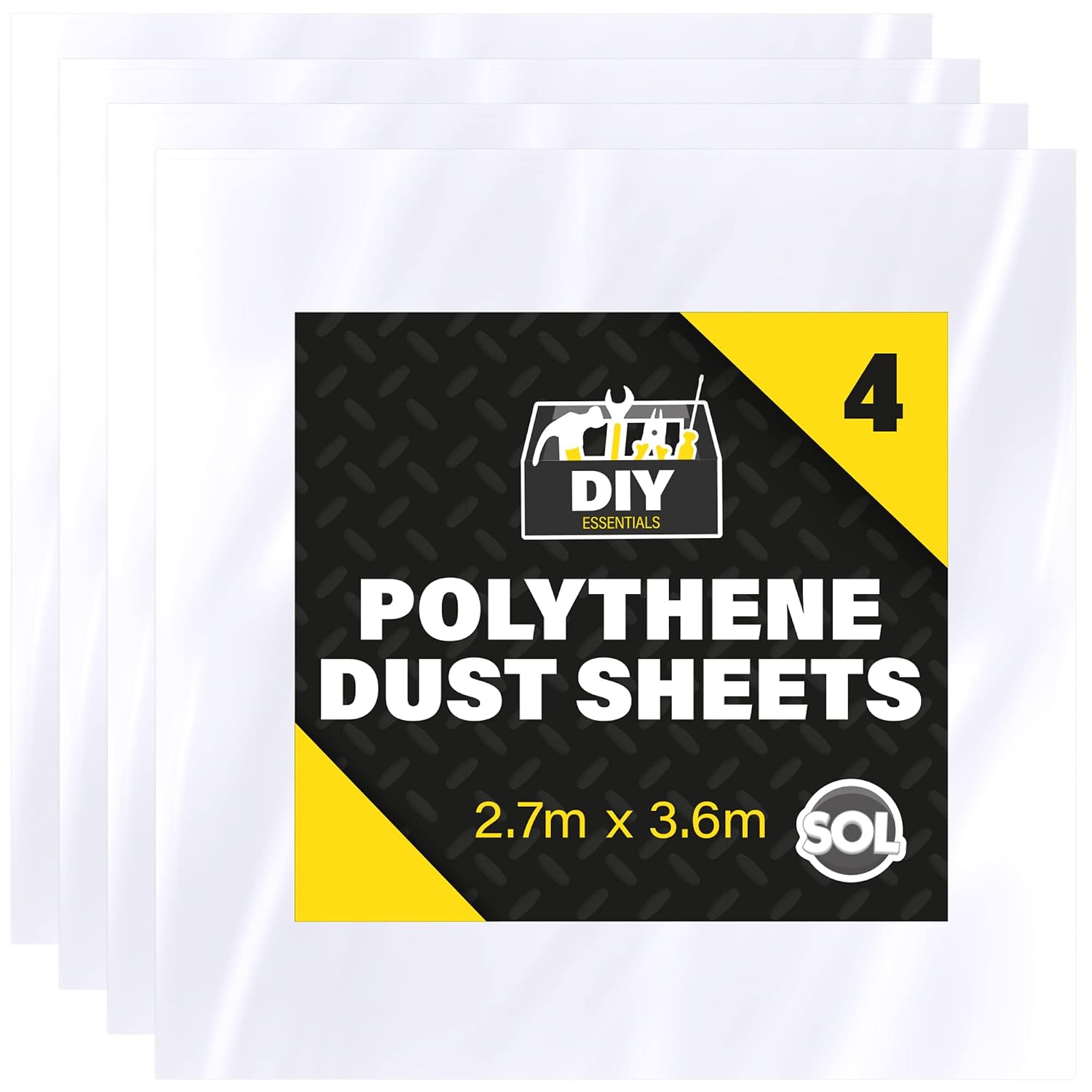 SOL 4pk Polythene Dust Sheets - Large 3.6m x 2.7m Plastic Sheets for Furniture & Painting, Dust Sheeting for Home Renovation, Durable Decorating Plastic Dust Covers