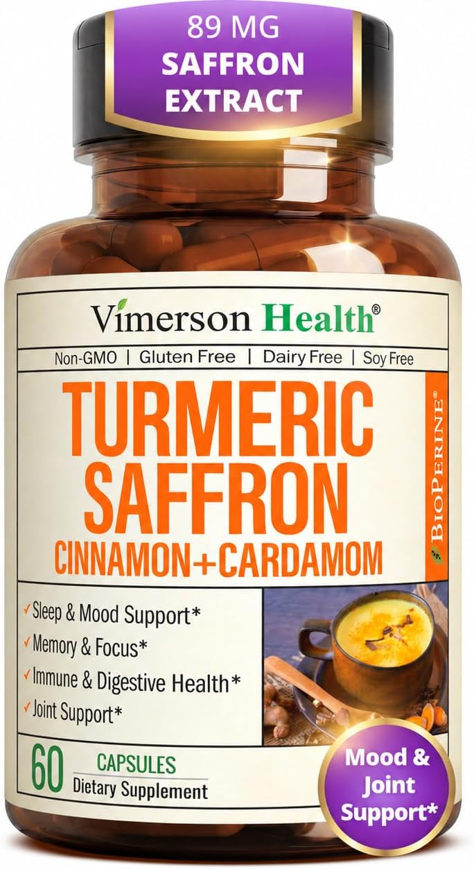 Saffron Supplements with Turmeric Curcumin, Saffron Extract (89mg), Ceylon Cinnamon, and Cardamom for Women and Men – Turmeric Supplement for Daily Inflammation, Mood & Joint Support – 60 Capsules