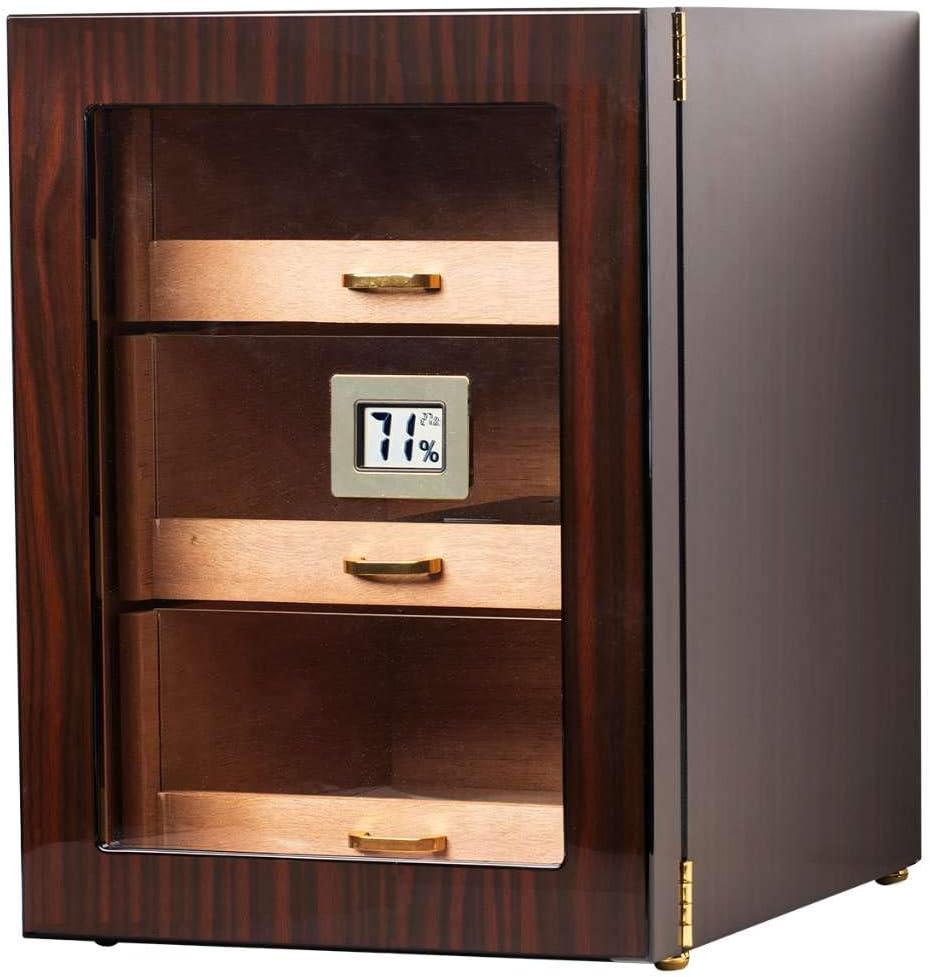 Woodronic Cigar Humidor Cabinet with Digital Hygrometer for 100 to 150 Counts, Spanish Cedar Lined Cigar Box with Large Drawers, Crystal Gel Humidifiers, Glossy Ebony Finish, Great Gift for Father