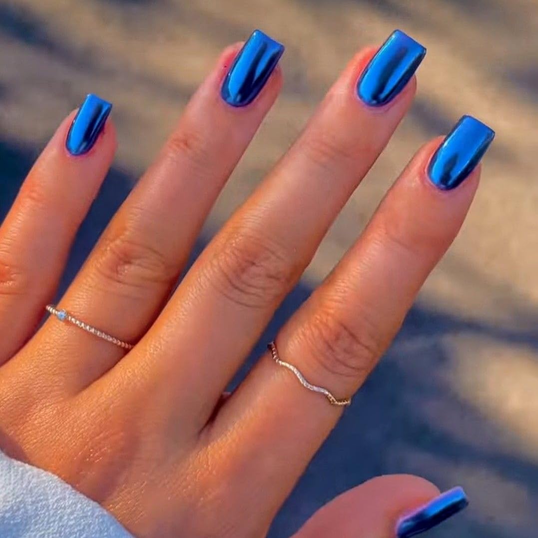 Mirror Metal Royal Blue Press on Nails Medium Short Square Chrome Glazed Short Gel Nails Press ons Shiny Plating Nails Acrylic Nails Reusable Thick Fake Nails for Women Glue on Nails Medium Length