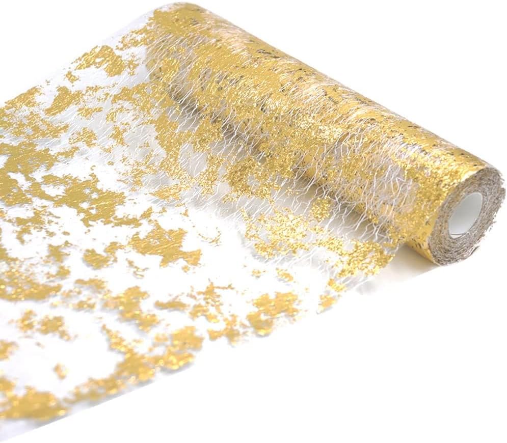 15M Gold Metallic Table Runner, 28cm width Gold Foil Table Cloth, Gift Floral DIY Wrapping Ribbon For Birthday Party Wedding Christmas Baby Shower Table Decoration