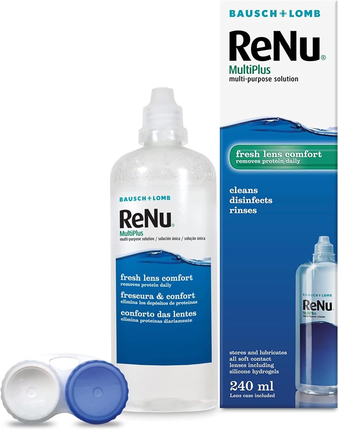 ReNu MultiPlus Multi-Purpose Contact Lens Solution, 1 x 240 ml | Bausch + Lomb, Soft Contact Lenses, Fresh Lens Comfort, Prevent Lens Dryness, Built-in Protein Remover, Lens Case Included