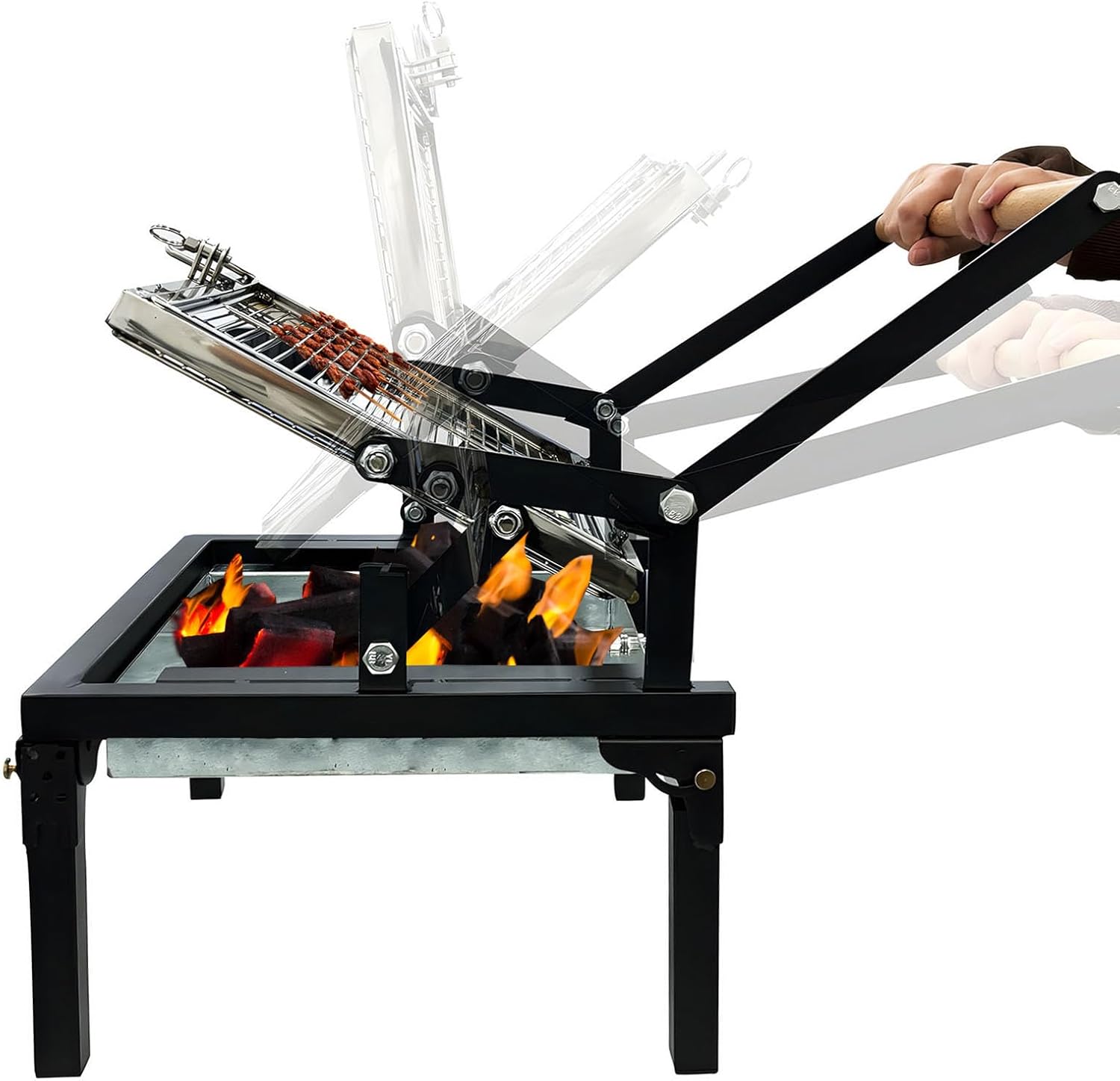 Folding Barbecue Grill, Portable Charcoal Grill with 360 Degree Rotating Cooking Grille, Cooking Grill with Adjustable Tray, Suitable for Outdoor Camping Picnicking Backyard Garden Parties