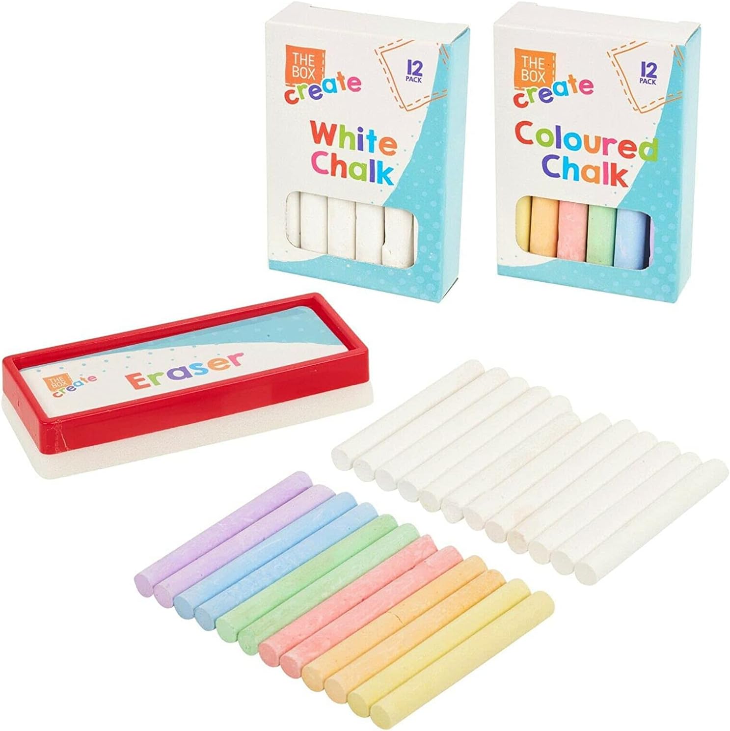 JKG® 25 PIECE CHALK & ERASER SET FOR KIDS - Children's Outside Pavement Patio Drawing Chalk & Sponge Eraser For Walls, Blackboard, Chalkboard, School (12 WHITE CHALK, 12 MULTI COLOURED, 1 ERASER)