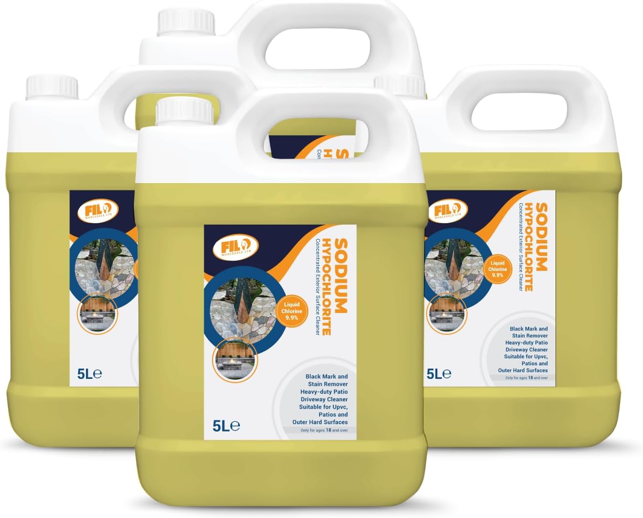 FILO Sodium Hypochlorite 4x 5L – High Strength 9.9% Patio & Driveway Cleaner – Concrete, Brick, Slab, UPVC, Roof & Fence Cleaner – Black Spot, Oil Stain & Odour Remover