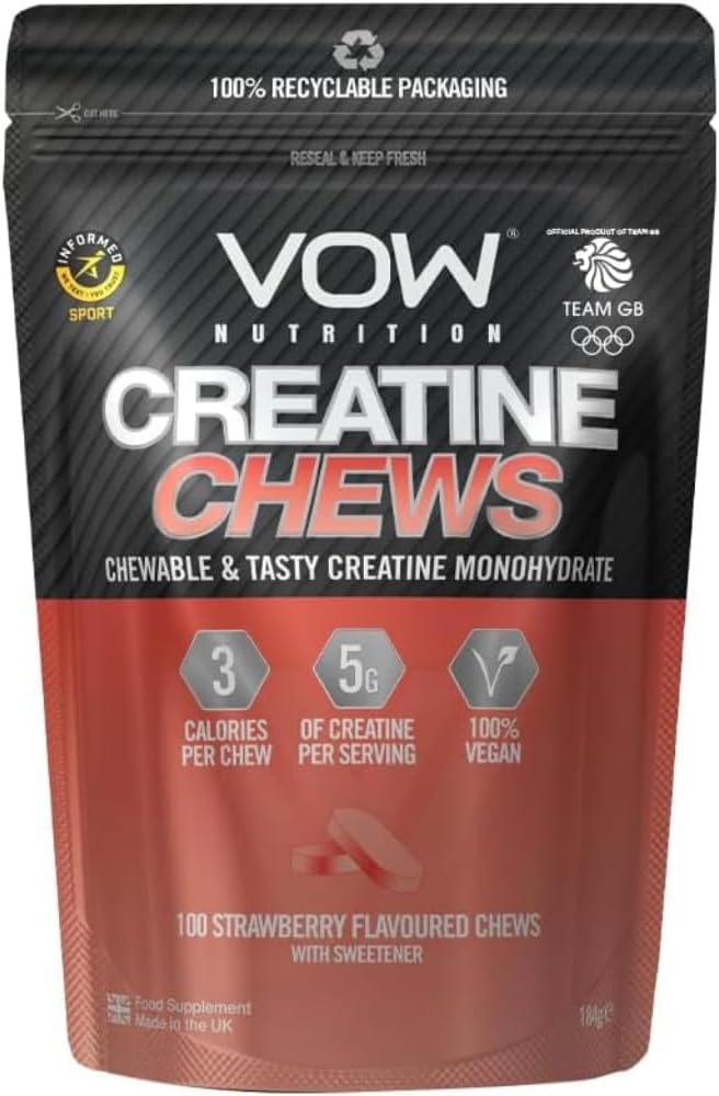Vow Nutrition Creatine Chews,100 Strawberry Flavoured Chews, Creatine Monohydrate, Convenient & Tasty Chewable Creatine Informed Sports Approved (Strawberry)