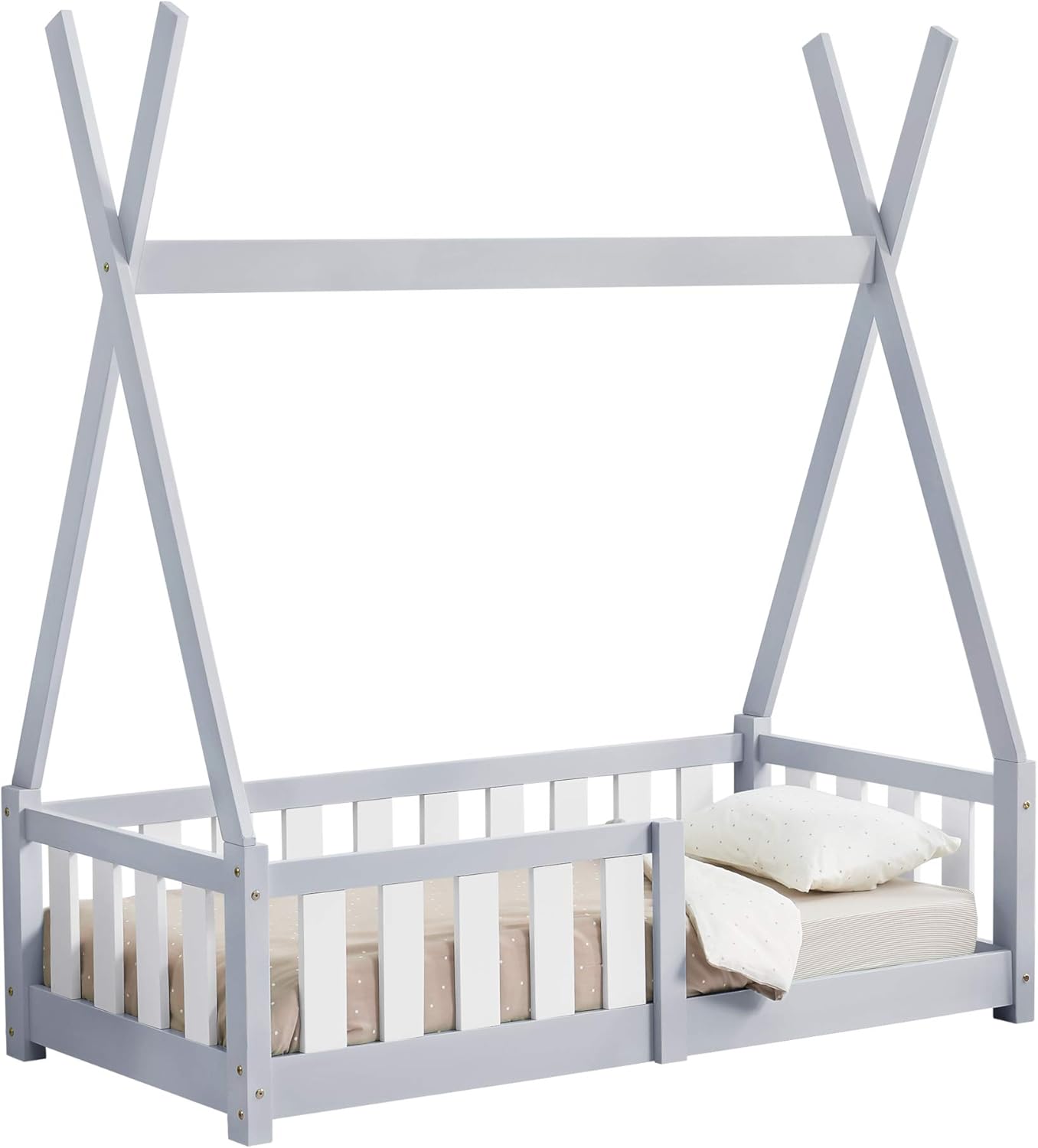 [en.casa] Children´s Bed with Security Frame Indian Tent Bed Frame for Kids Pinewood 140x70cm Light Grey Color
