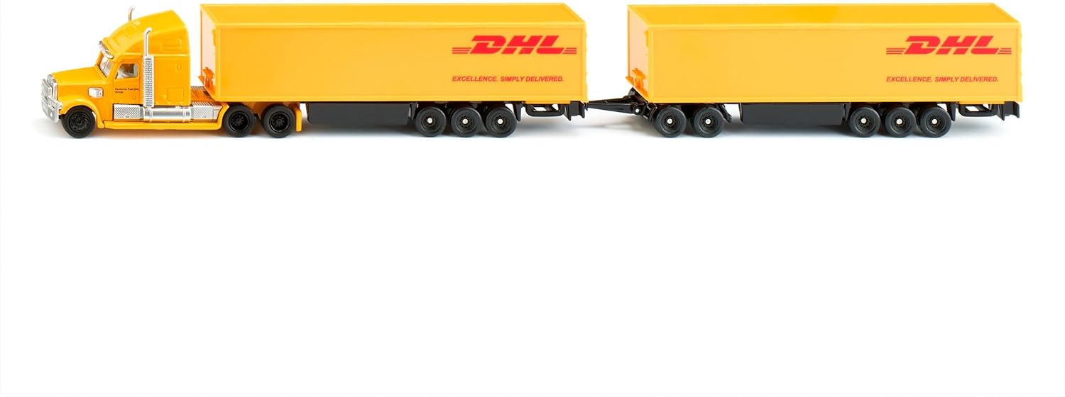 SIKU 1806, Freightliner DHL Road Train, Tractor with Trailer and Trailer, 1:87, Metal/Plastic, Yellow, Detachable Trailer, Opening Trailer Doors