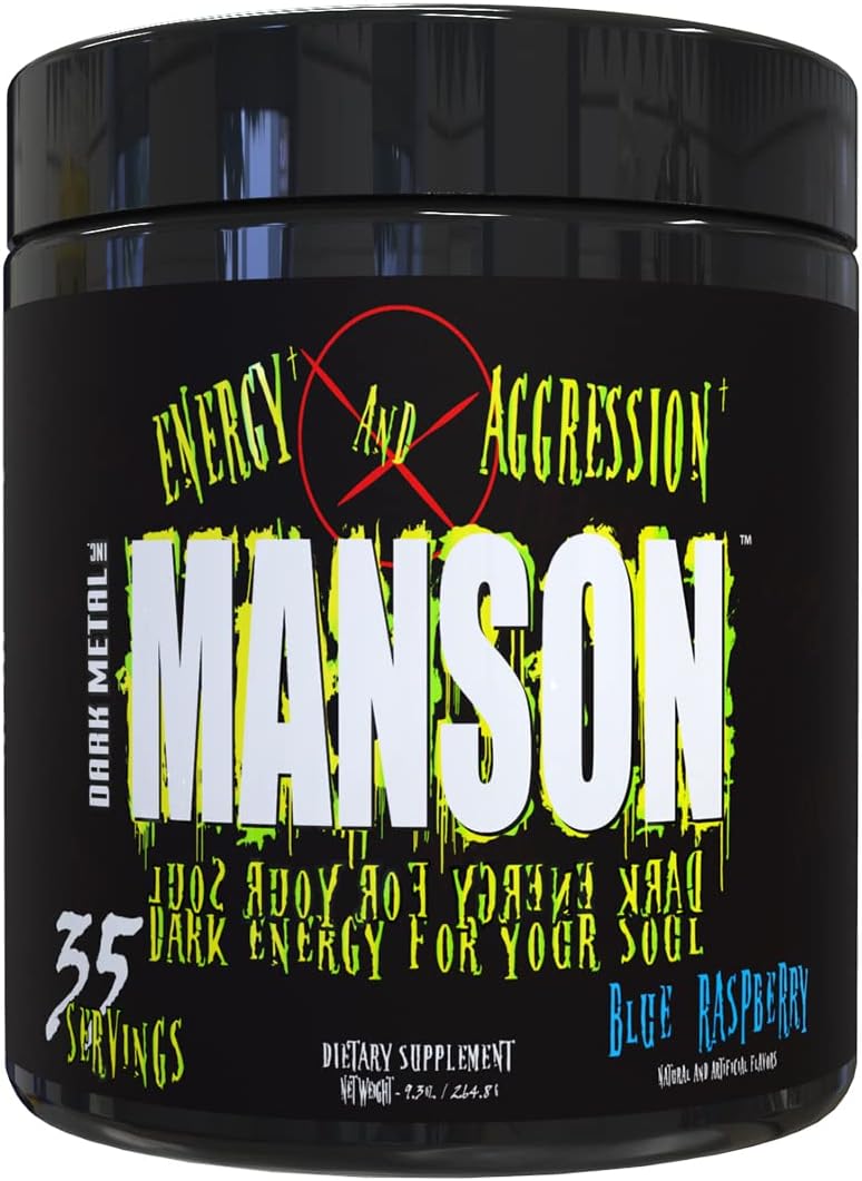DARK METAL Inc. Manson High Stim Pre Workout Powder, Energy Focus Strength, Loaded with Beta Alanine L-Carnitine Caffeine Infinergy, 35 Srvgs, Blue Raspberry